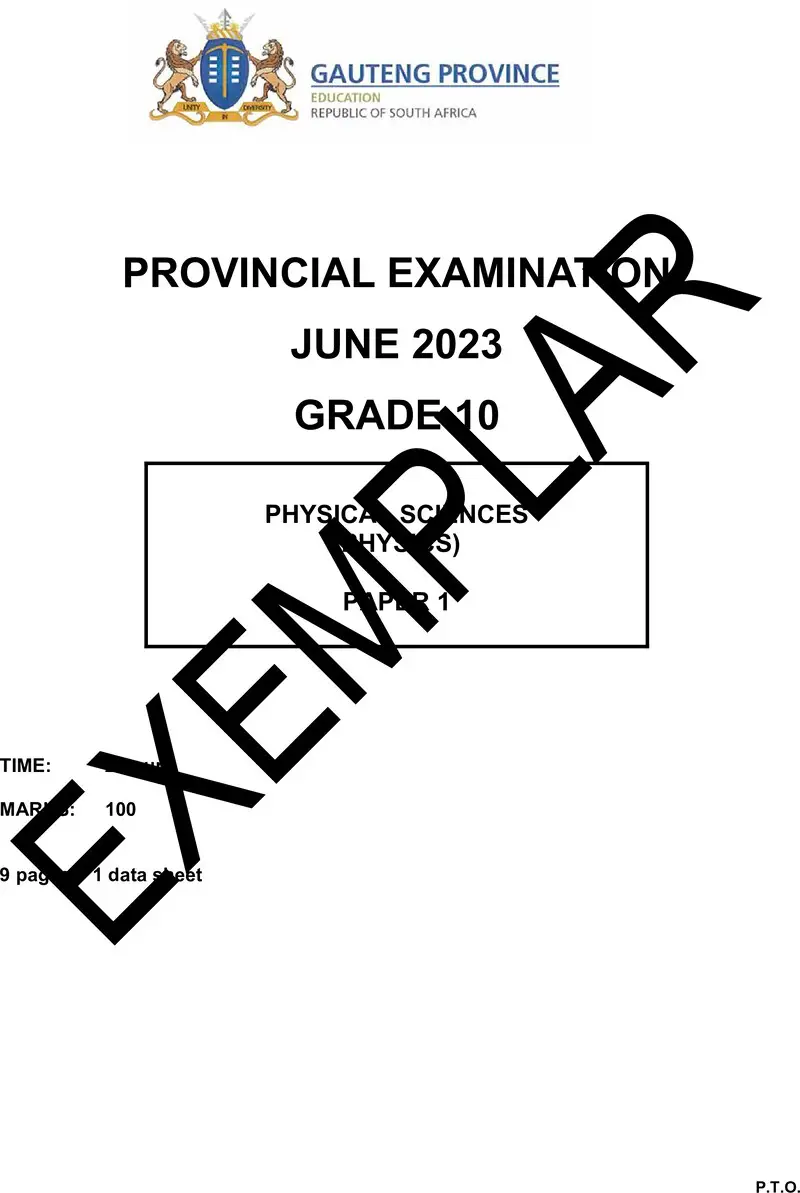 Grade 10 Provincial Exam Physical Sciences P1 Ng QP