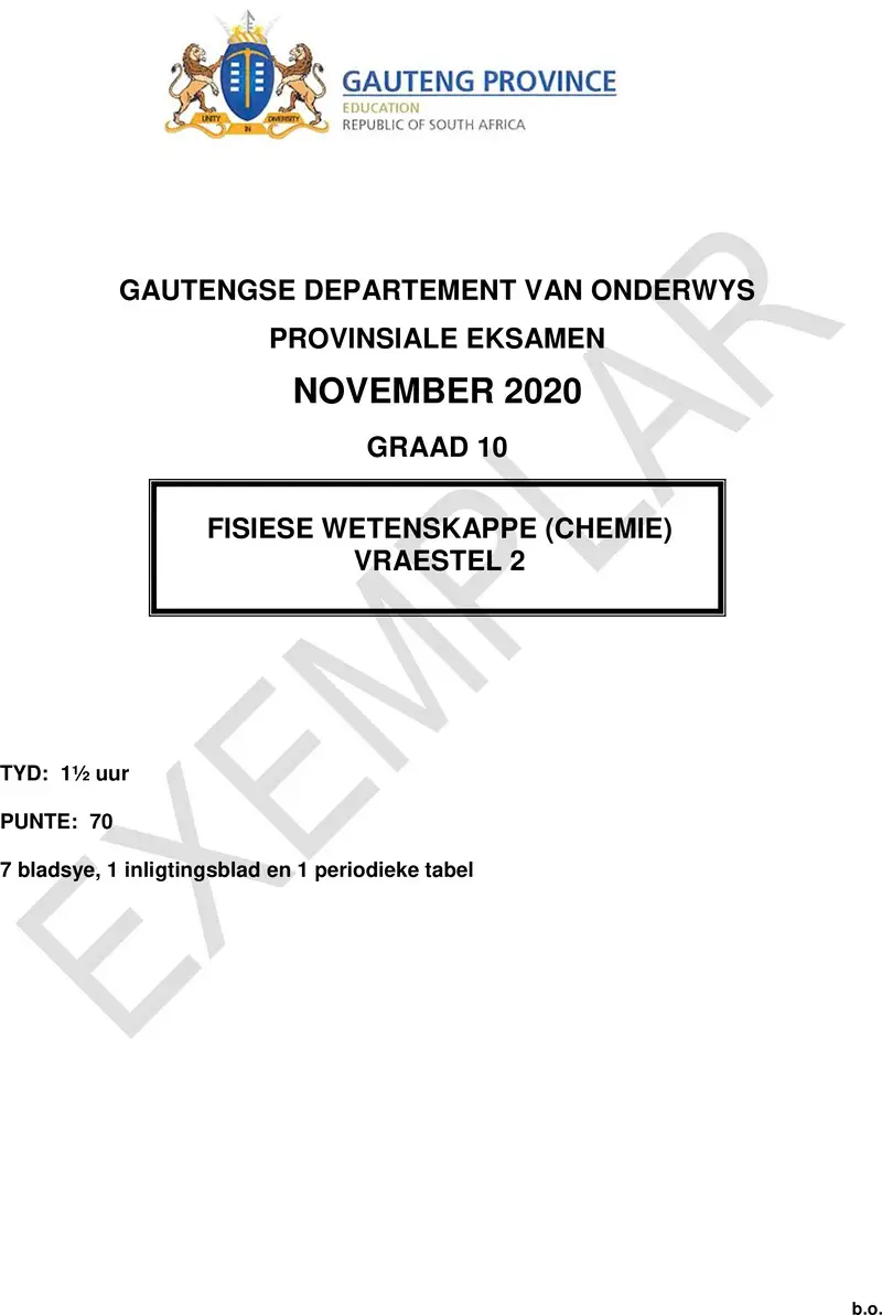 Grade 10 Provincial Exam Physical Sciences P2 Afr 2020 Exemplars QP