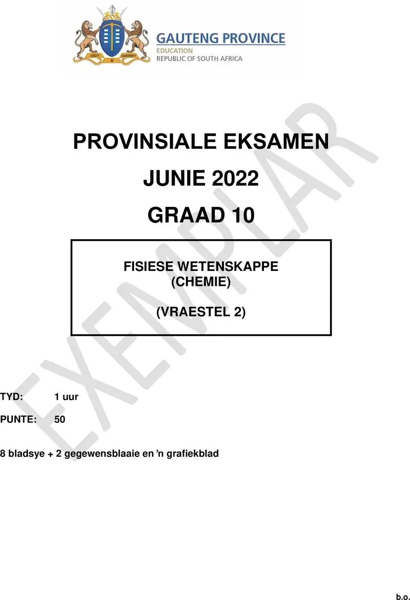 Grade 10 Provincial Exam Physical Sciences P2 Afr June 2022 QP