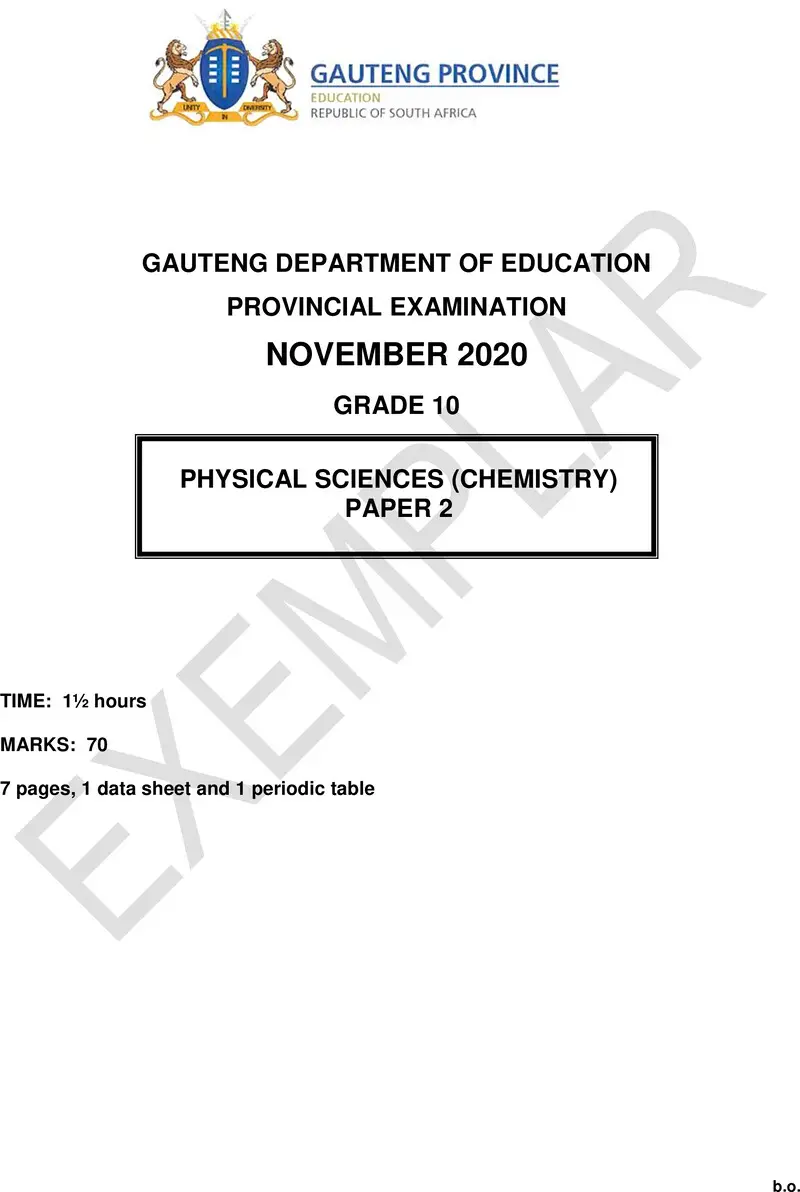 Grade 10 Provincial Exam Physical Sciences P2 Ng 2020 Exemplars QP
