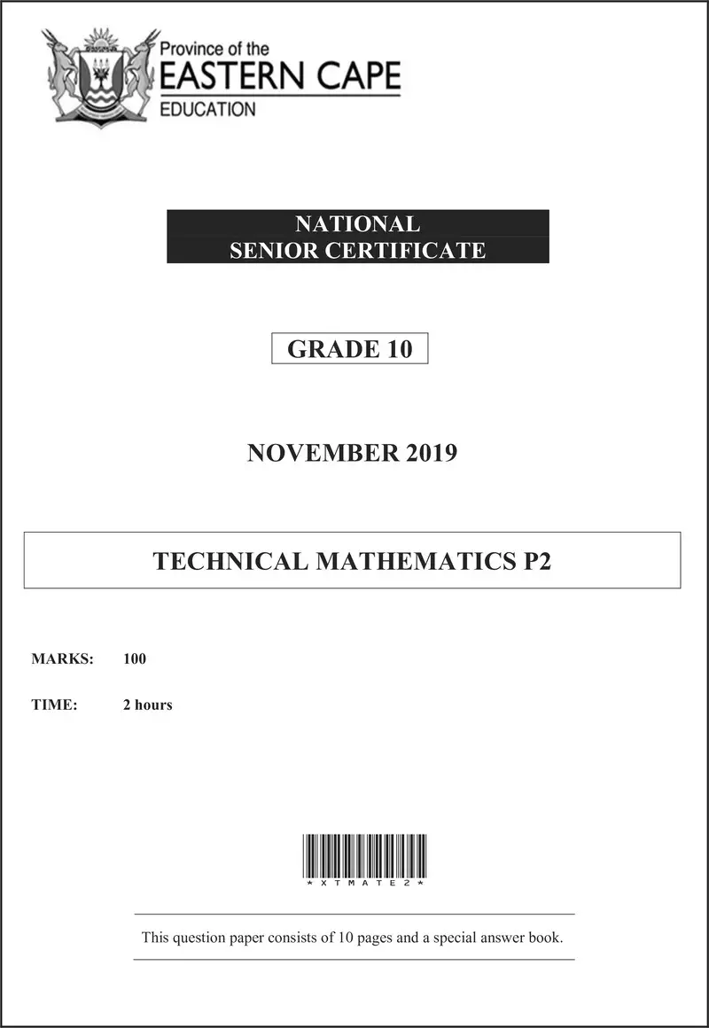 Grade 10 Provincial Exam Technical Maths P2 Ng November 2019 QP