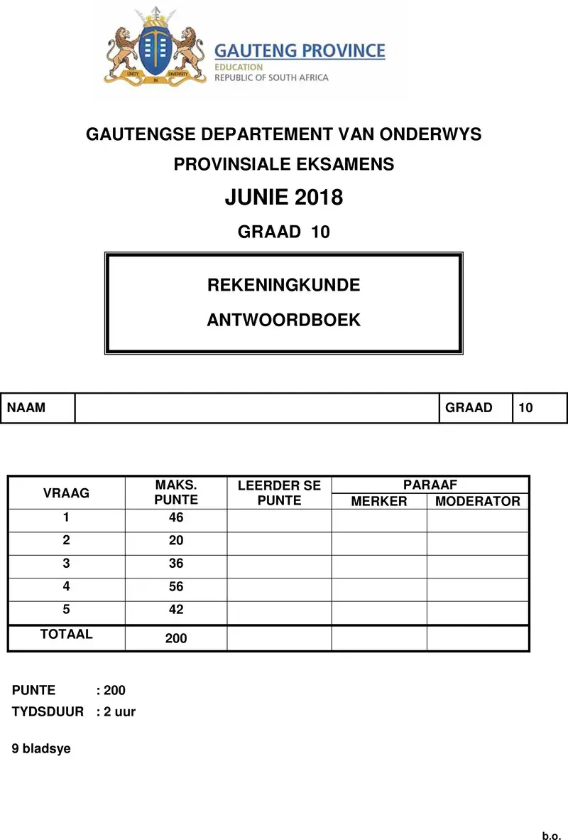 Grade 10 Provincial Examination Accounting Afr Answer Book