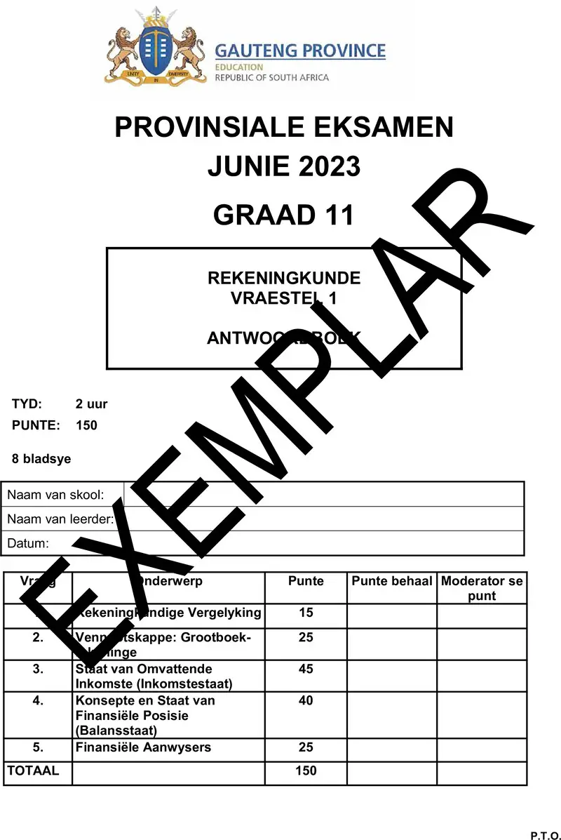 Grade 11 Accounting past paper 2023 – grade 11 provincial exam accounting p1 afr june 2023 answerbook