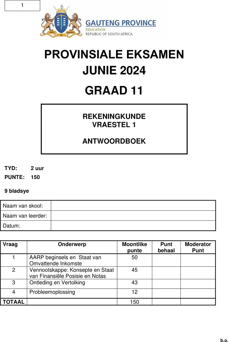 Grade 11 Accounting past paper 2024 – grade 11 provincial exam accounting p1 afr june 2024 answer book