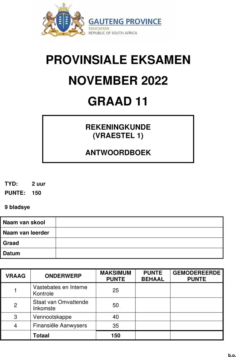 Grade 11 Accounting past paper 2022 – grade 11 provincial exam accounting p1 afr november 2022 answer book