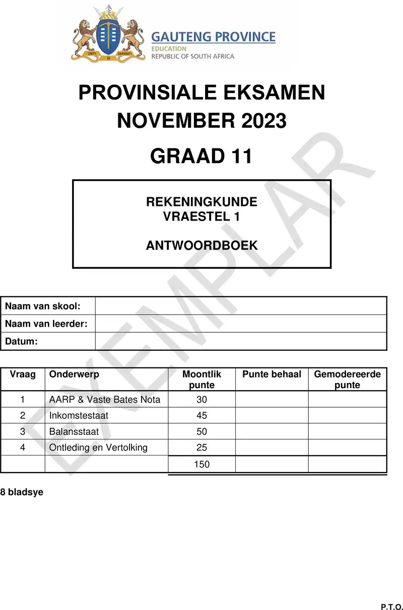 Grade 11 Accounting past paper 2023 – grade 11 provincial exam accounting p1 afr november 2023 answer book