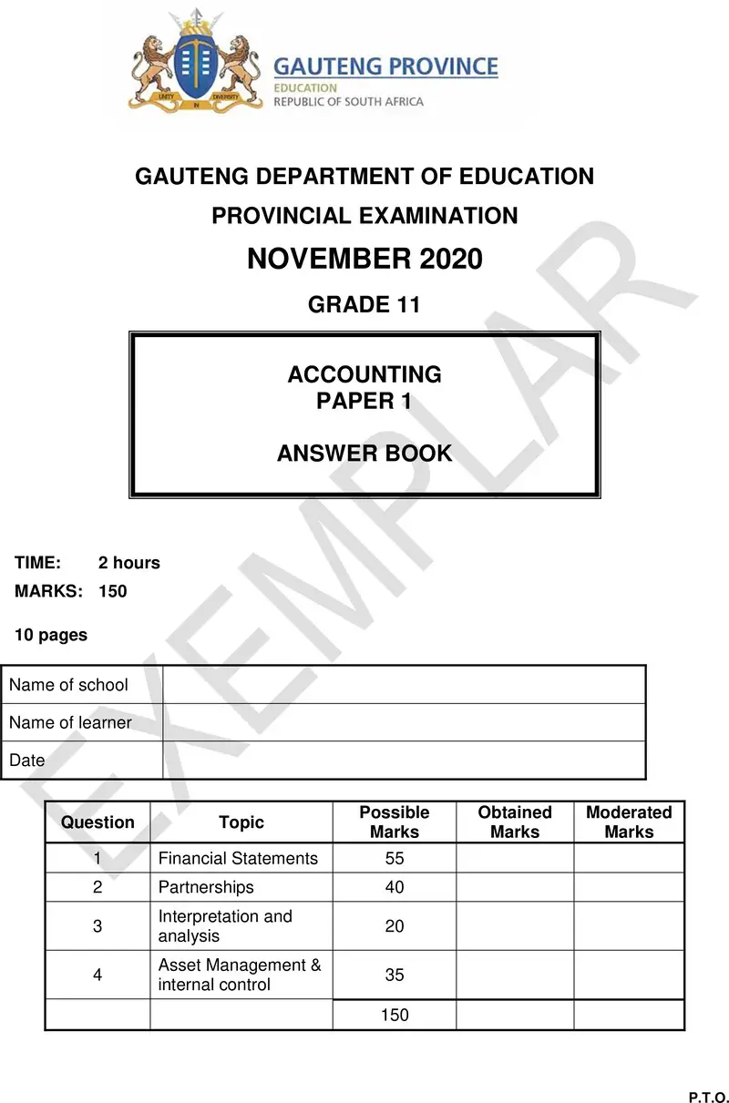 Grade 11 Provincial Exam Accounting P1 Ng 2020 Exemplars Answer Book