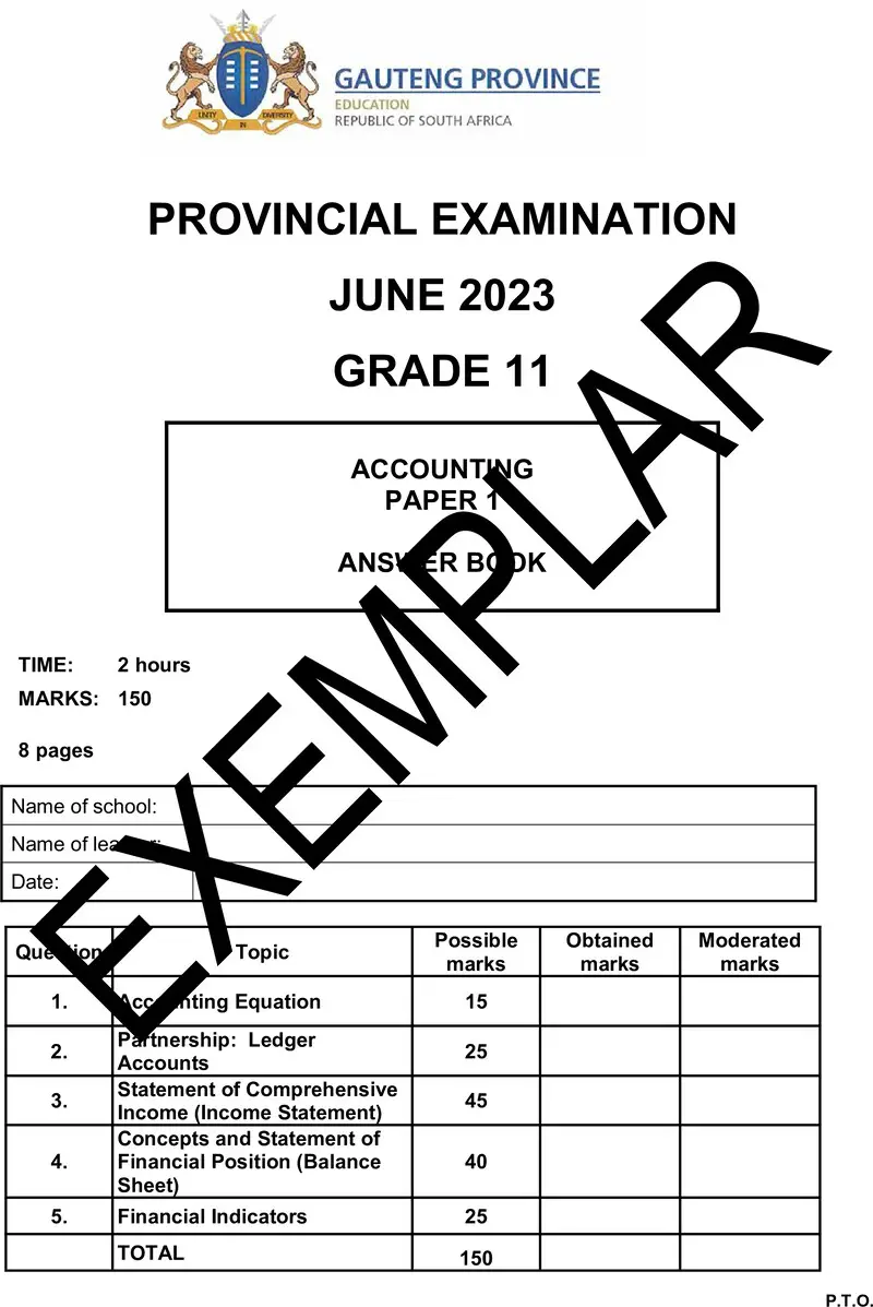 Grade 11 Provincial Exam Accounting P1 Ng June 2023 Answerbook