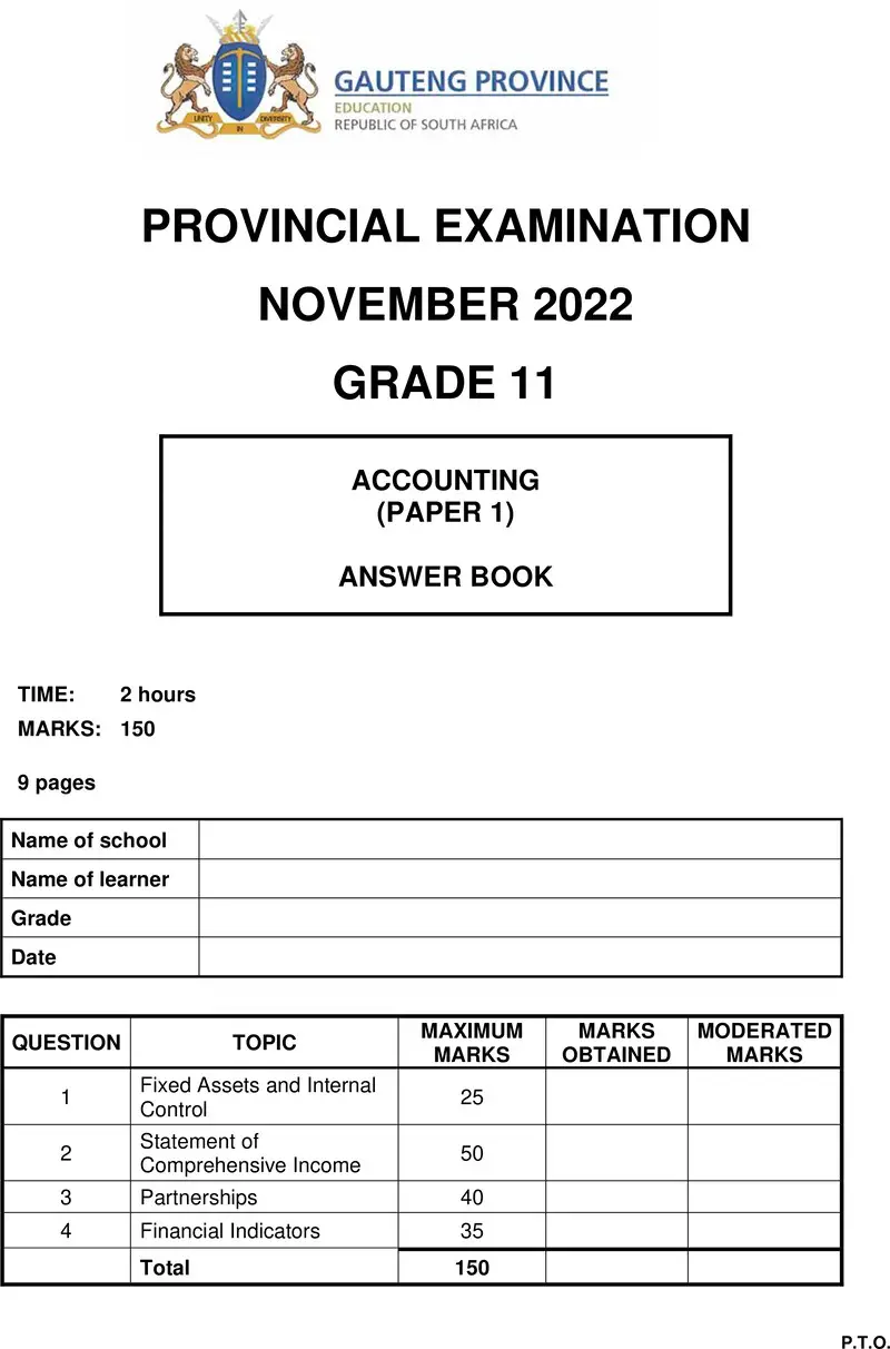 Grade 11 Accounting past paper 2022 – grade 11 provincial exam accounting p1 ng november 2022 answer book