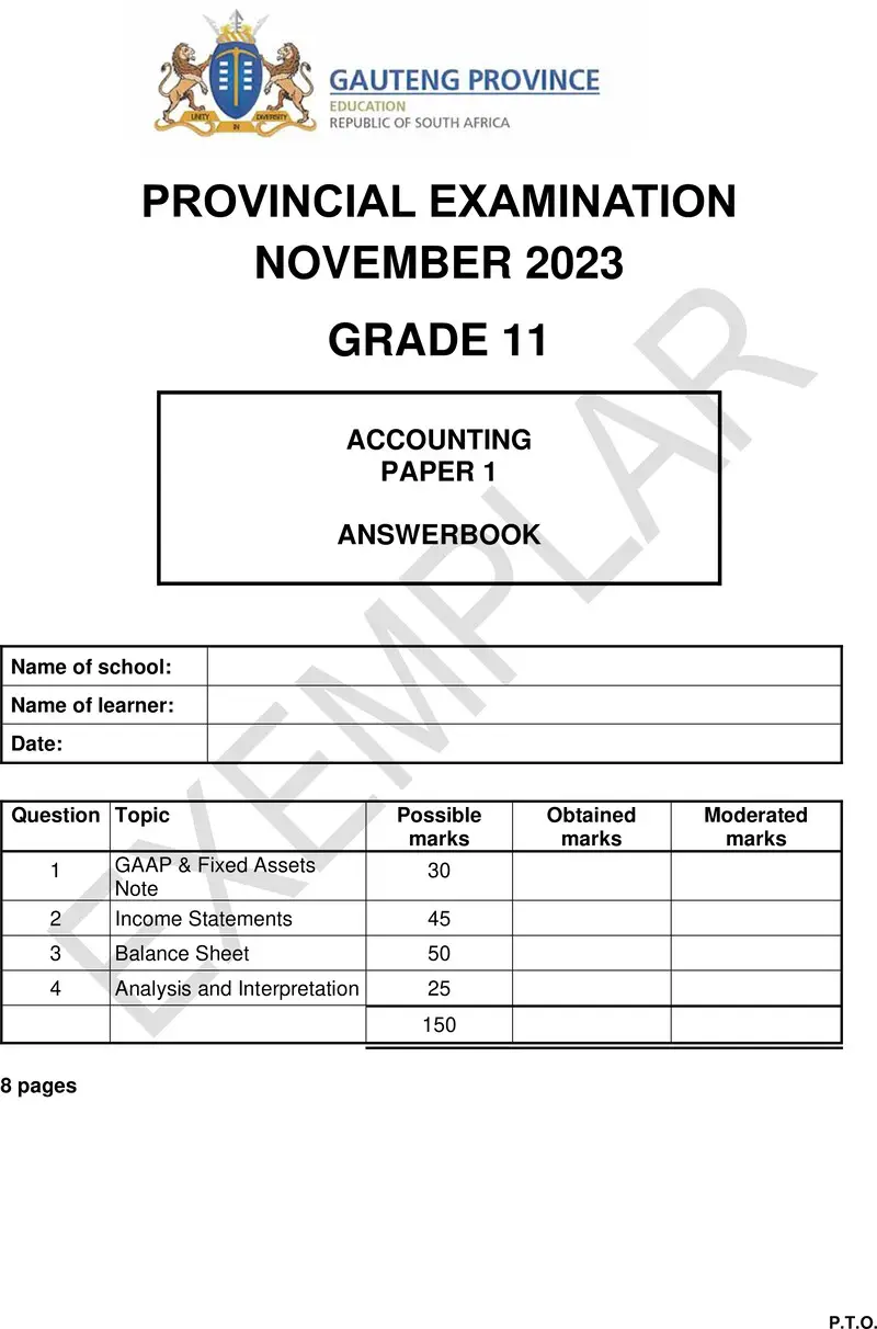 Grade 11 Accounting past paper 2023 – grade 11 provincial exam accounting p1 ng november 2023 answer book