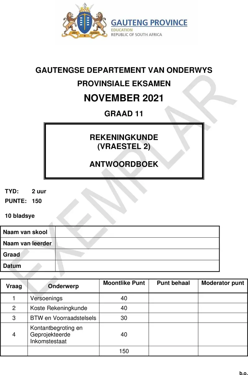 Grade 11 Provincial Exam Accounting P2 Afr November 2021 Answer Book