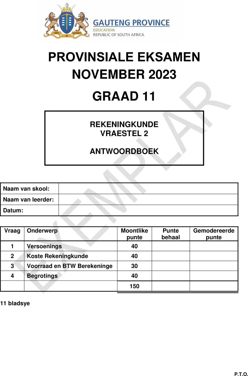 Grade 11 Provincial Exam Accounting P2 Afr November 2023 Answer Book