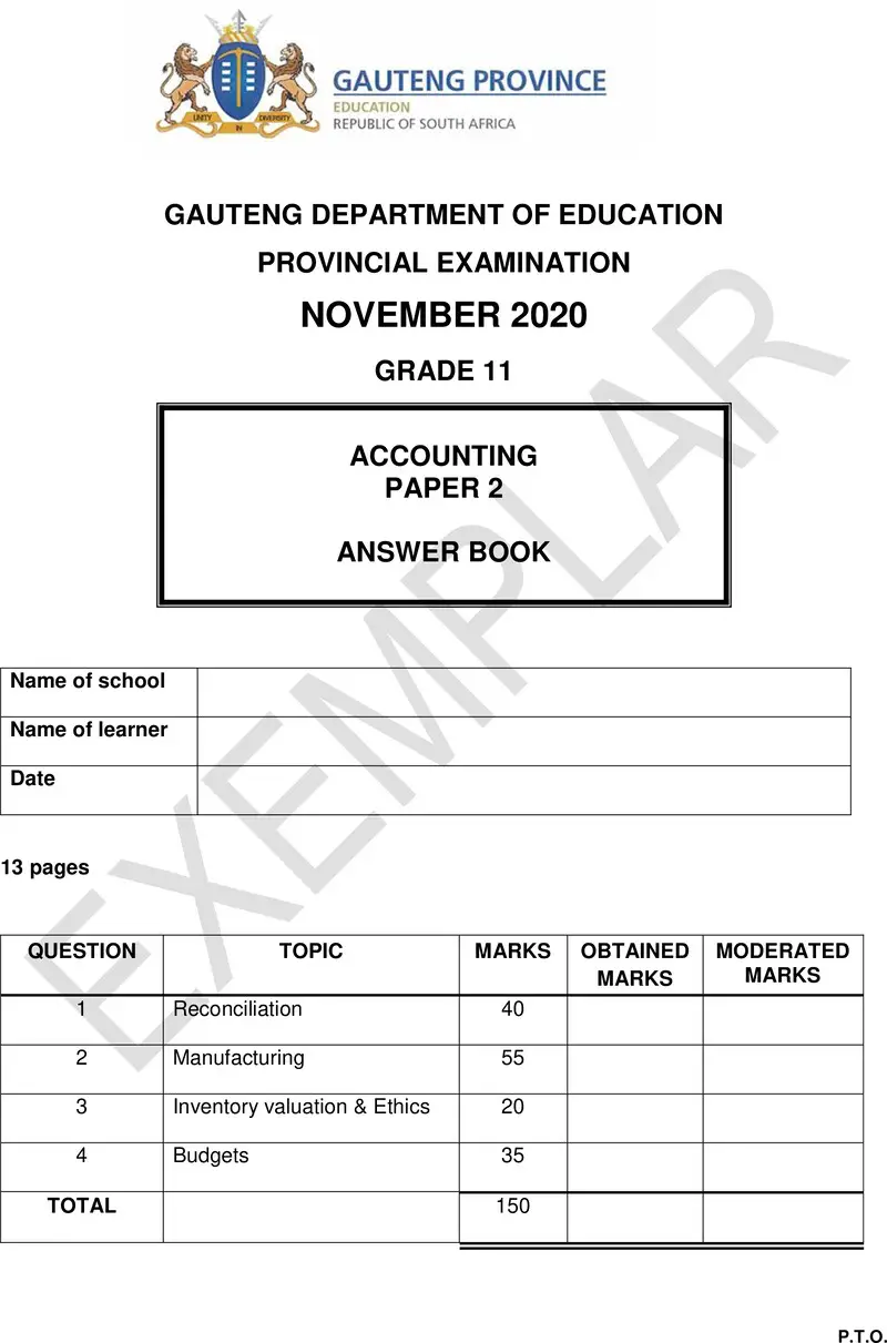 Grade 11 Accounting past paper 2020 – grade 11 provincial exam accounting p2 ng 2020 exemplars answer book