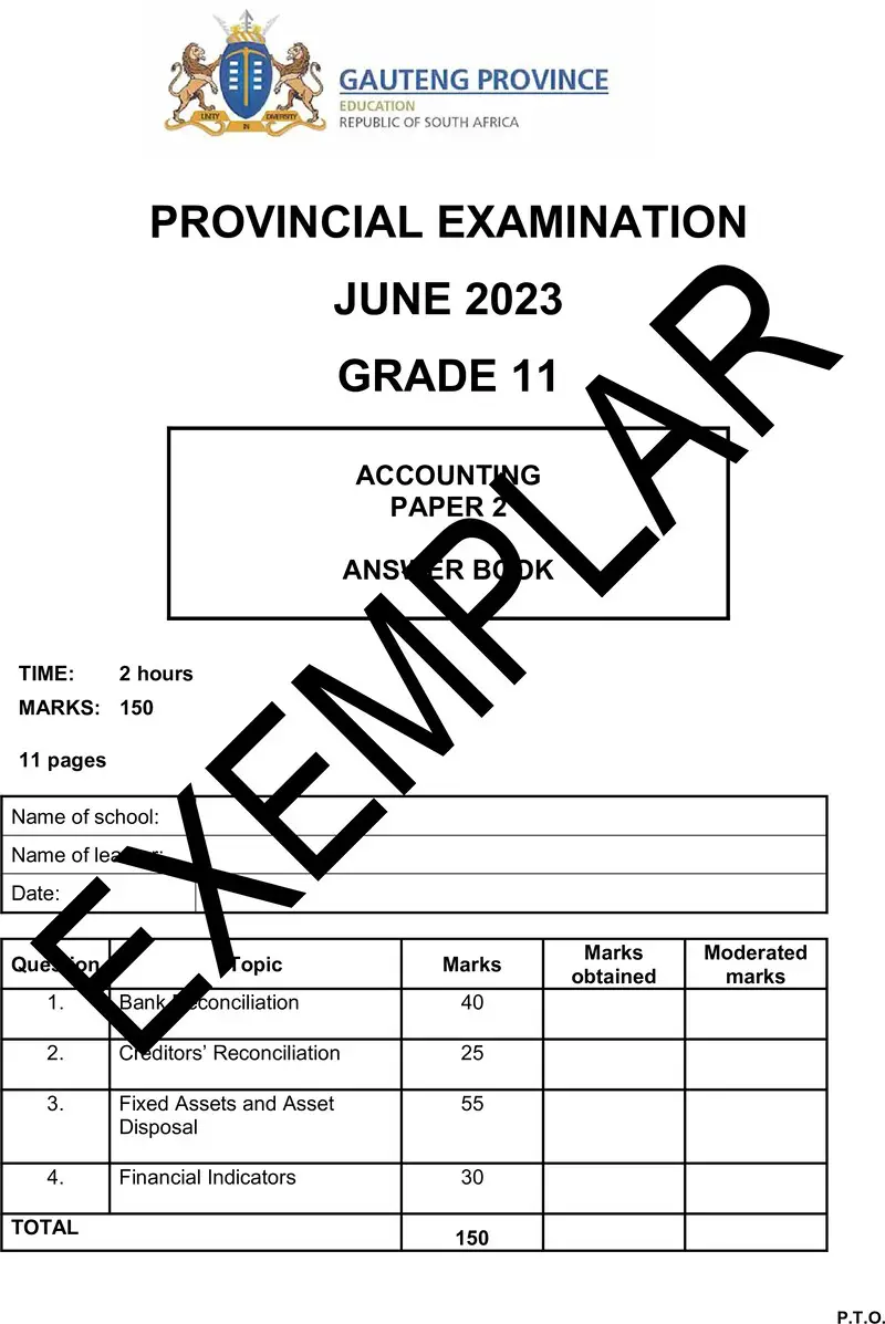 Grade 11 Provincial Exam Accounting P2 Ng June 2023 Answerbook