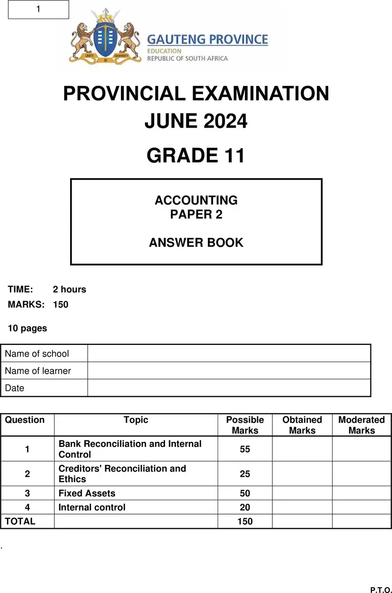 Grade 11 Accounting past paper 2024 – grade 11 provincial exam accounting p2 ng june 2024 answer book