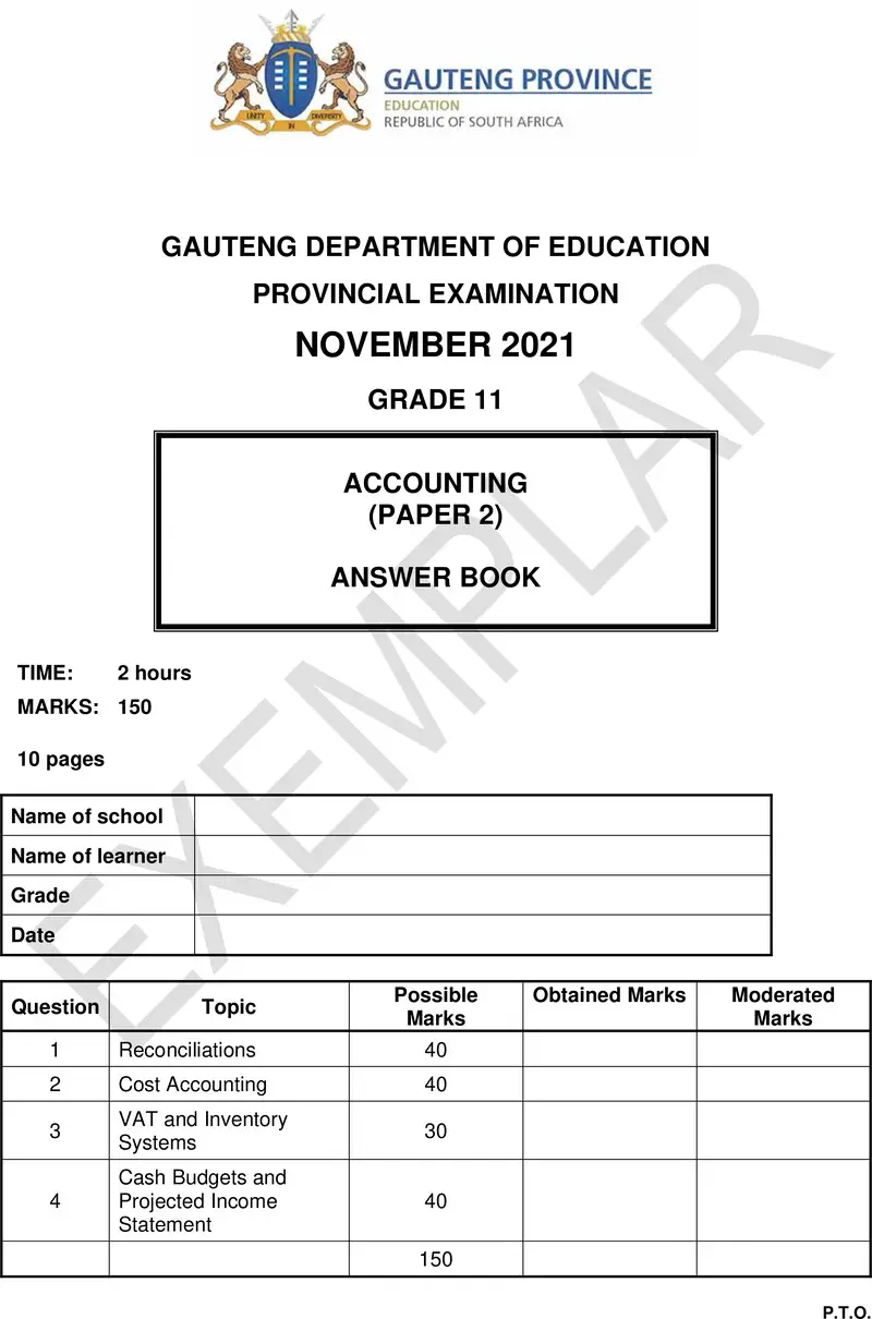 Grade 11 Provincial Exam Accounting P2 Ng November 2021 Answer Book