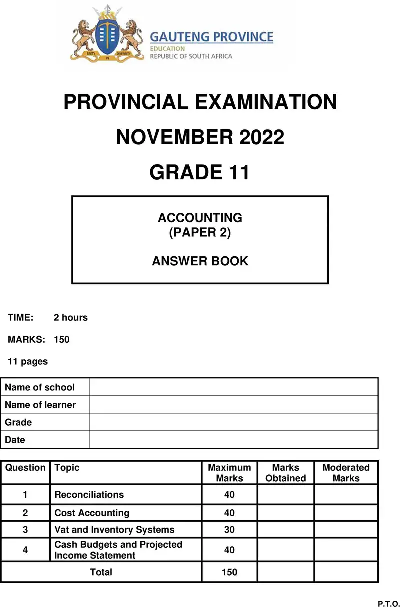 Grade 11 Provincial Exam Accounting P2 Ng November 2022 Answer Book