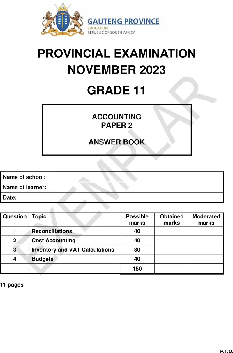 Grade 11 Provincial Exam Accounting P2 Ng November 2023 Answer Book