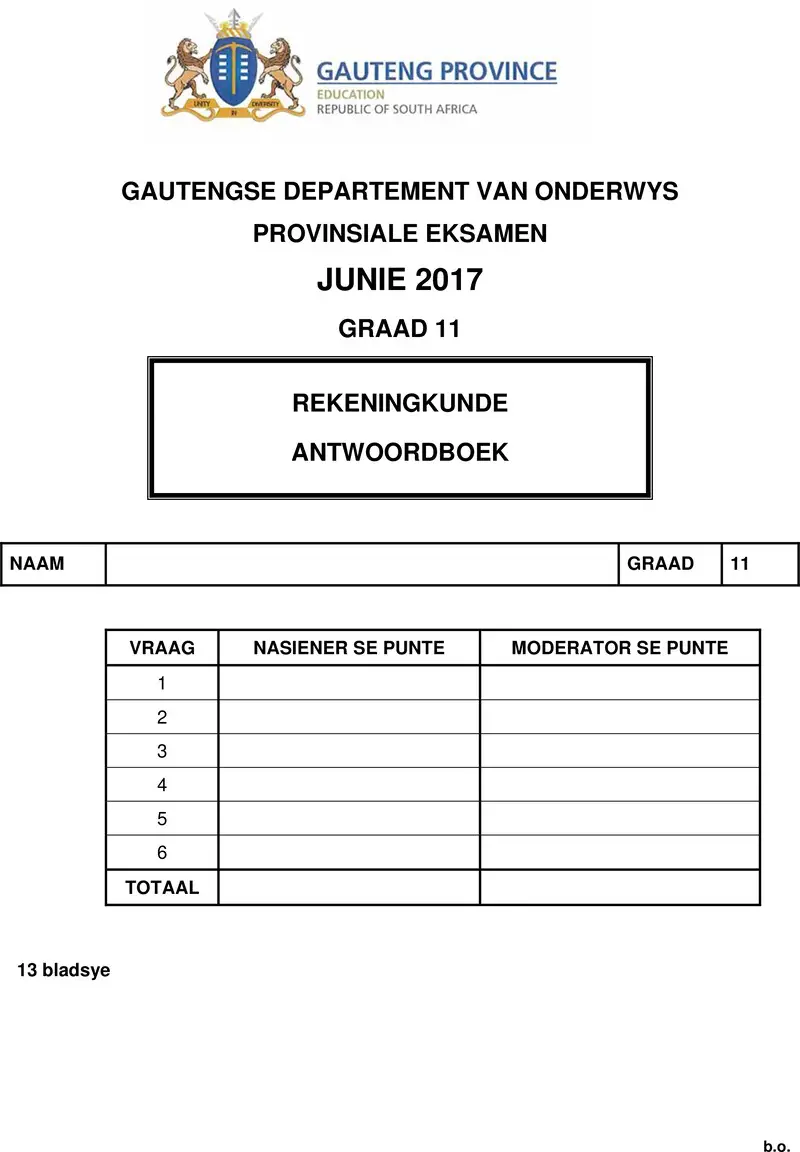 Grade 11 Provincial Exam Accounting Afr June 2017 QP Answer Book