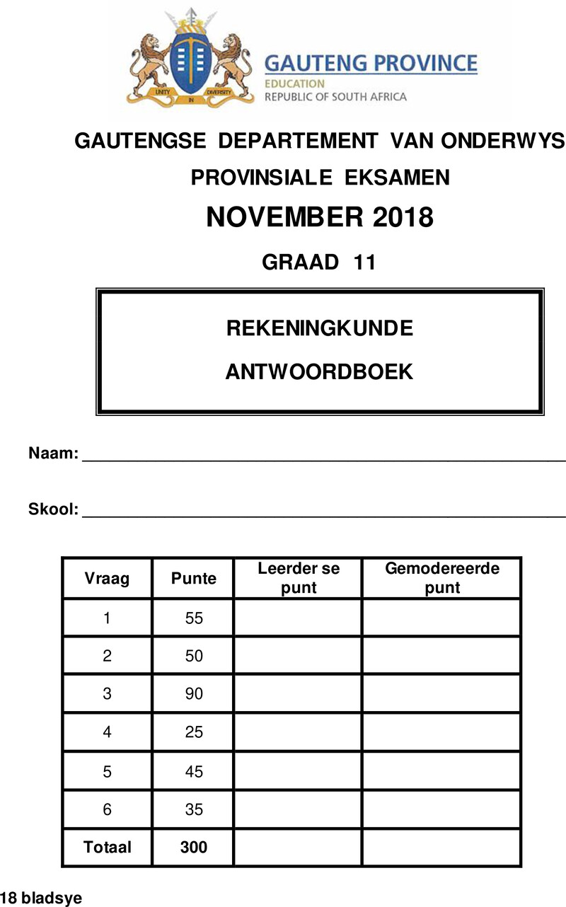 Grade 11 Accounting past paper 2018 – grade 11 provincial exam accounting afr november 2018 qp answer book