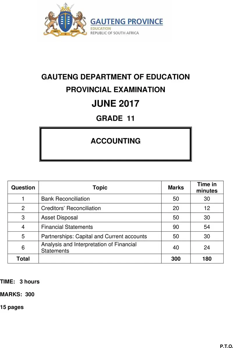 Grade 11 Provincial Exam Accounting June 2017 QP