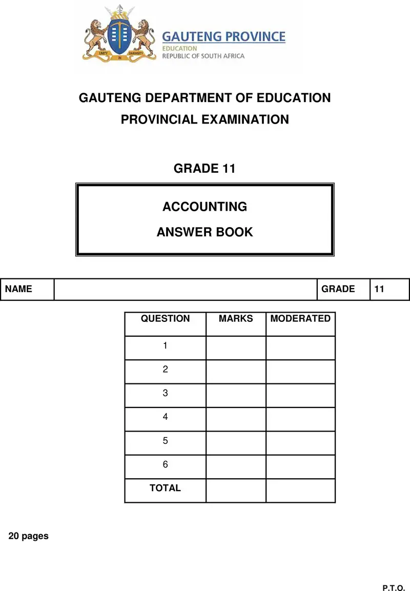 Grade 11 Provincial Exam Accounting November 2017 QP Answer Book