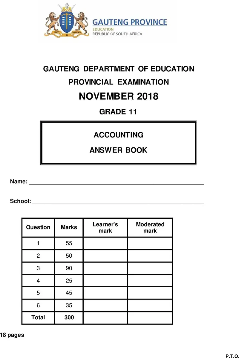 Grade 11 Accounting past paper 2018 – grade 11 provincial exam accounting november 2018 qp answer book