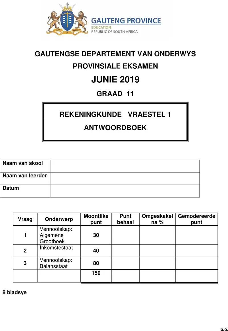Grade 11 Accounting past paper 2019 – grade 11 provincial exam accounting p1 afr june 2019 answer book