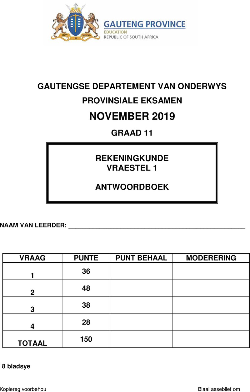 Grade 11 Accounting past paper 2019 – grade 11 provincial exam accounting p1 afr november 2019 answer book