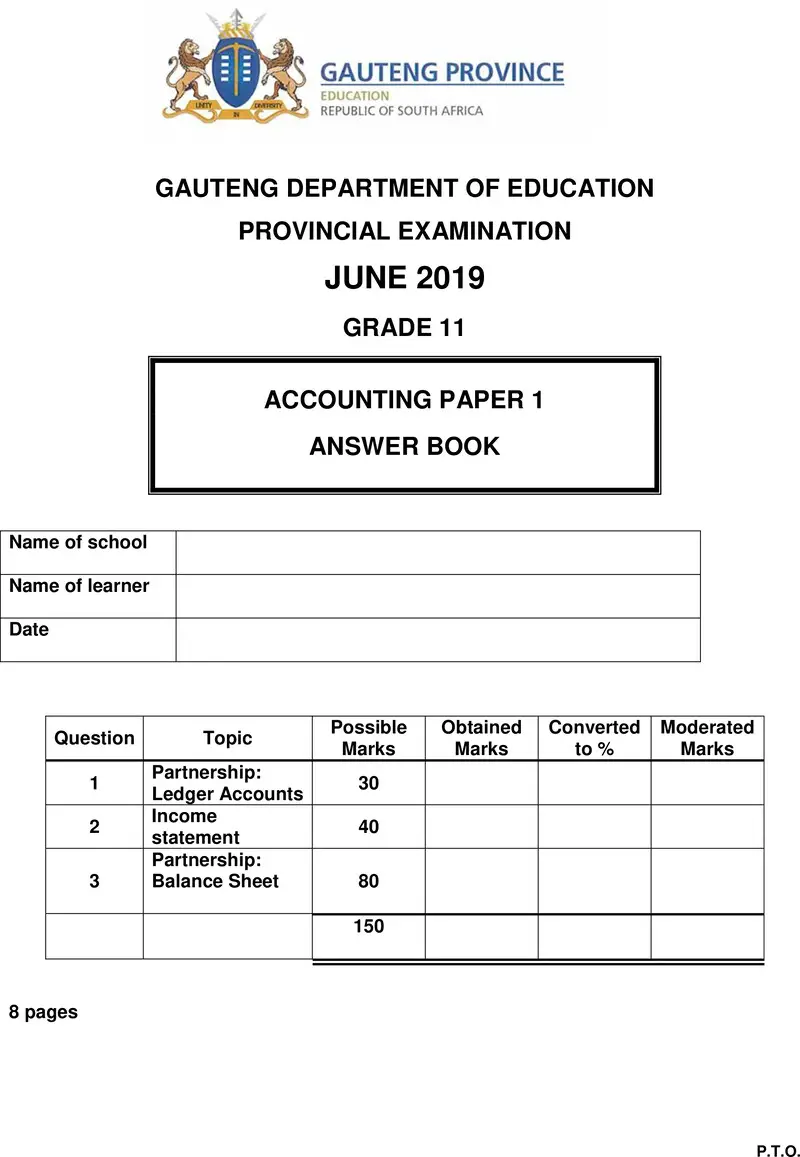 Grade 11 Provincial Exam Accounting P1 Ng June 2019 Answer Book