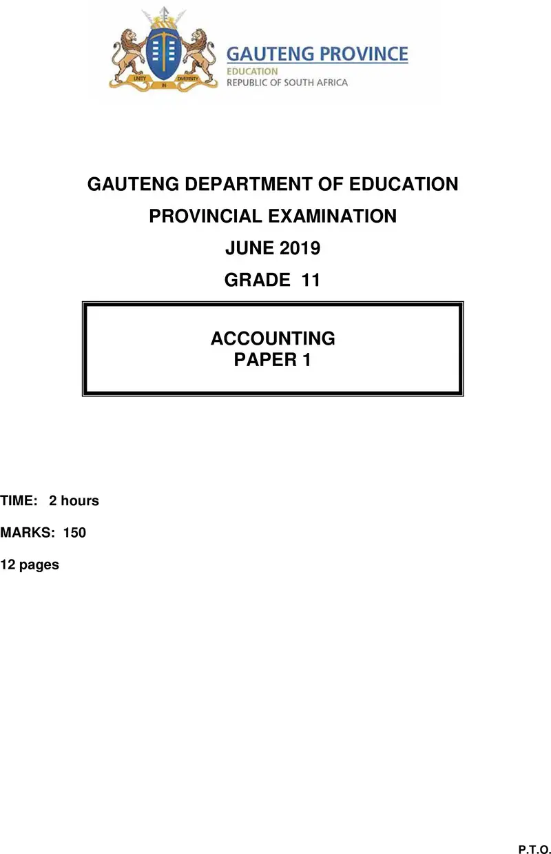 Grade 11 Provincial Exam Accounting P1 Ng June 2019 QP