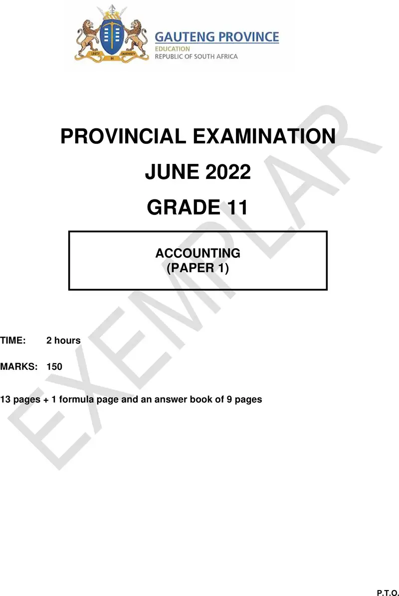 Grade 11 Provincial Exam Accounting P1 Ng June 2022 QP