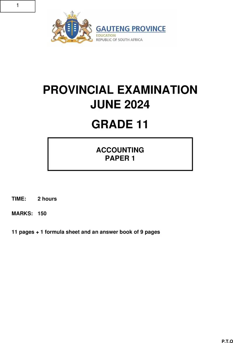 Grade 11 Provincial Exam Accounting P1 Ng June 2024 QP