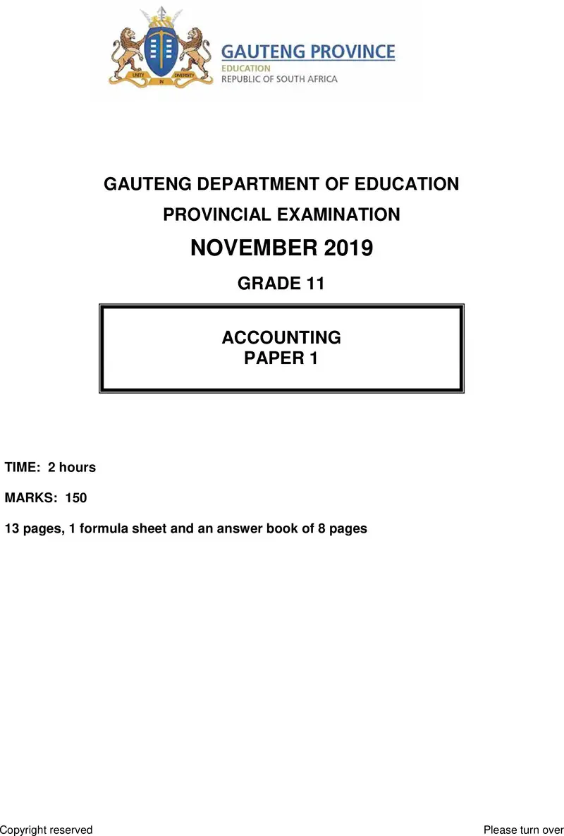 Grade 11 Provincial Exam Accounting P1 Ng November 2019 QP