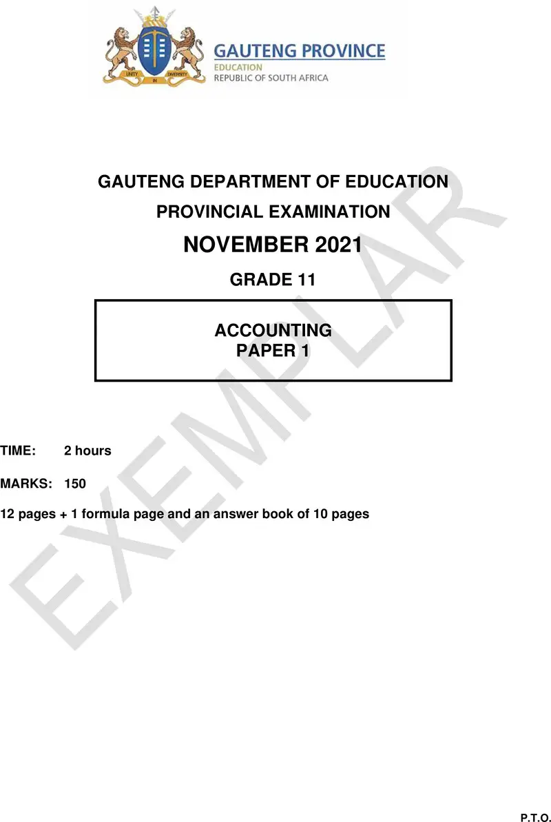 Grade 11 Provincial Exam Accounting P1 Ng November 2021 QP