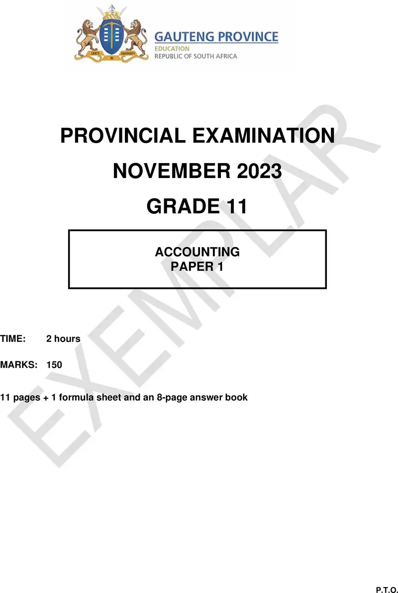 Grade 11 Provincial Exam Accounting P1 Ng November 2023 QP