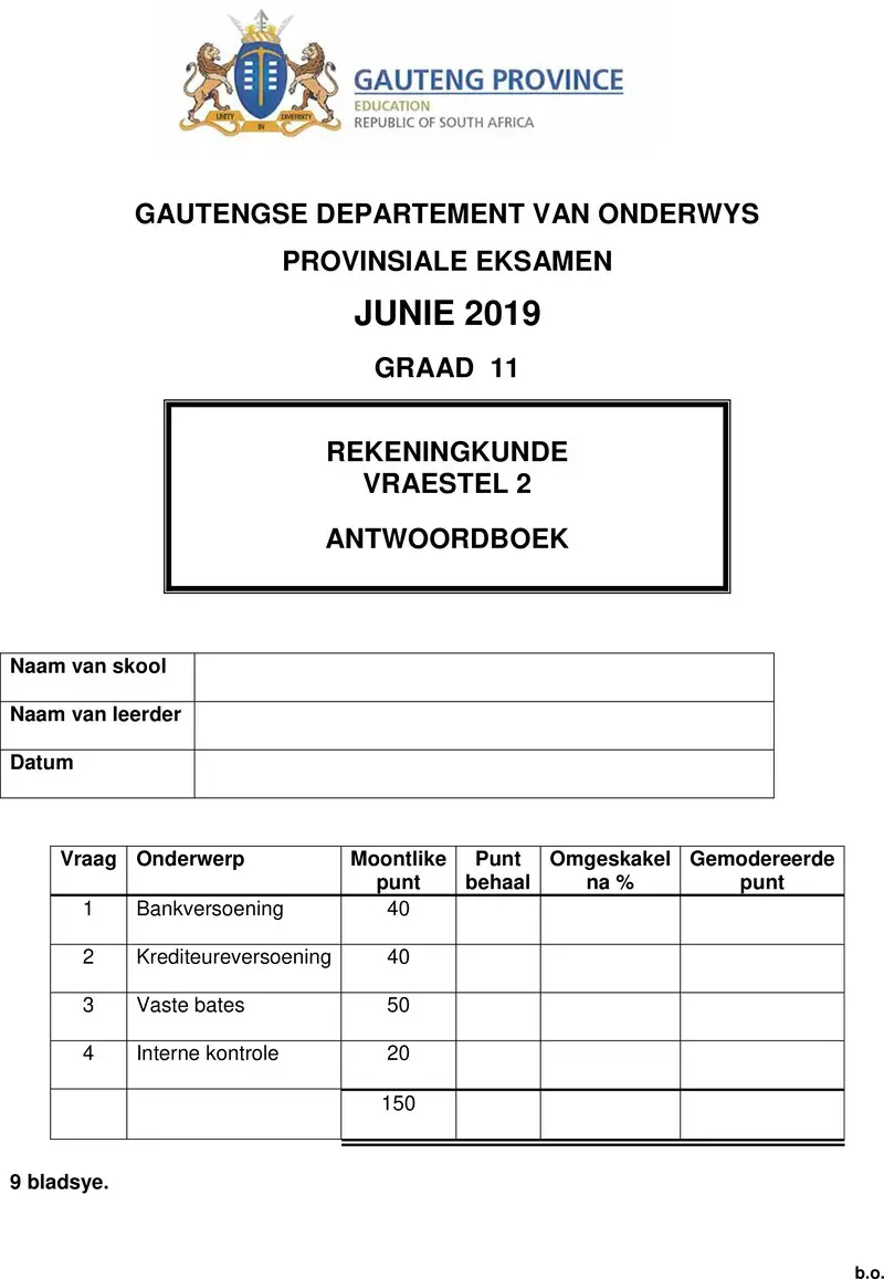 Grade 11 Provincial Exam Accounting P2 Afr June 2019 Answer Book
