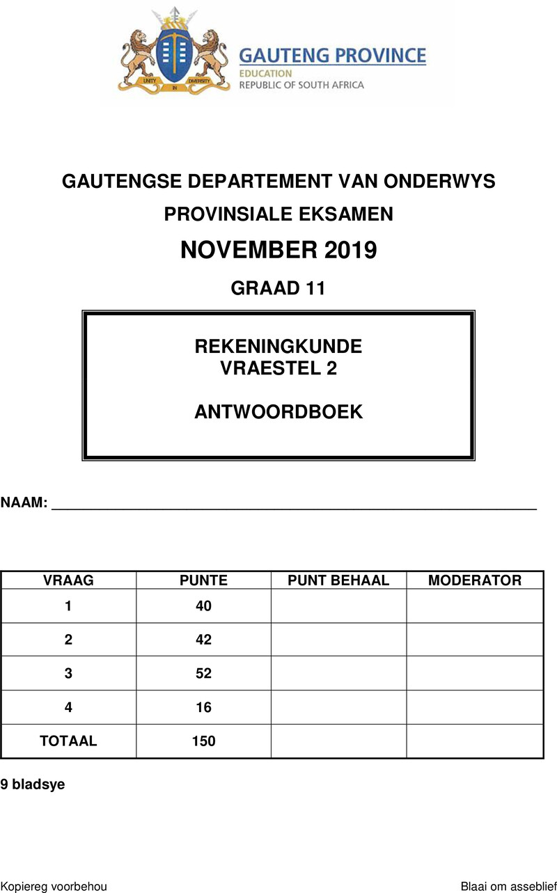 Grade 11 Provincial Exam Accounting P2 Afr November 2019 Answer Book