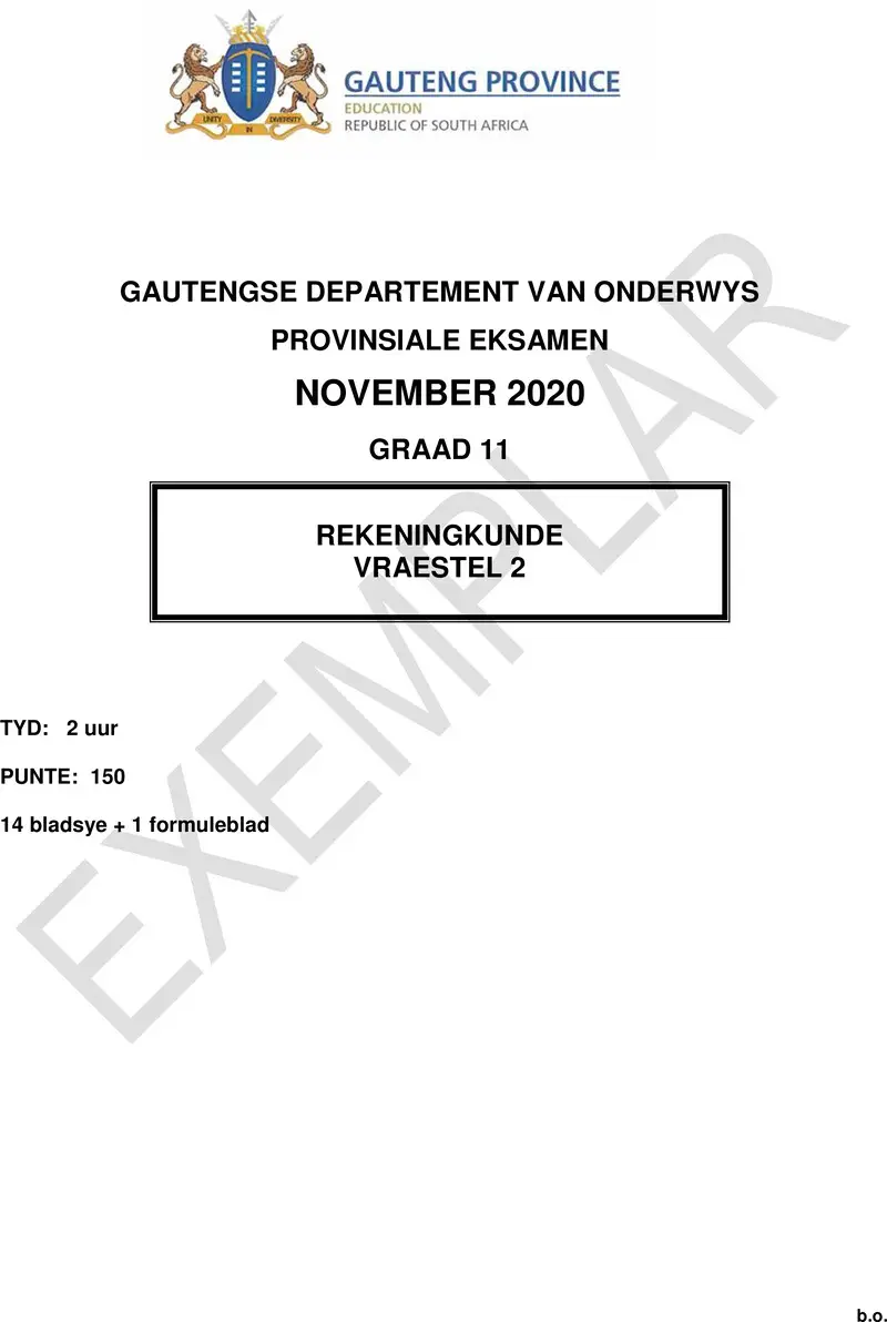 Grade 11 Provincial Exam Accounting P2 Afr 2020 Exemplars QP