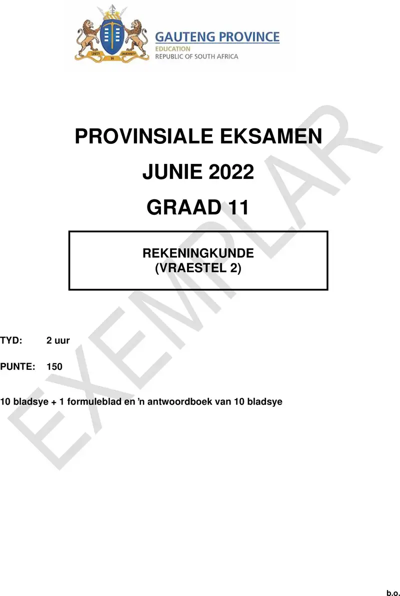 Grade 11 Provincial Exam Accounting P2 Afr June 2022 QP