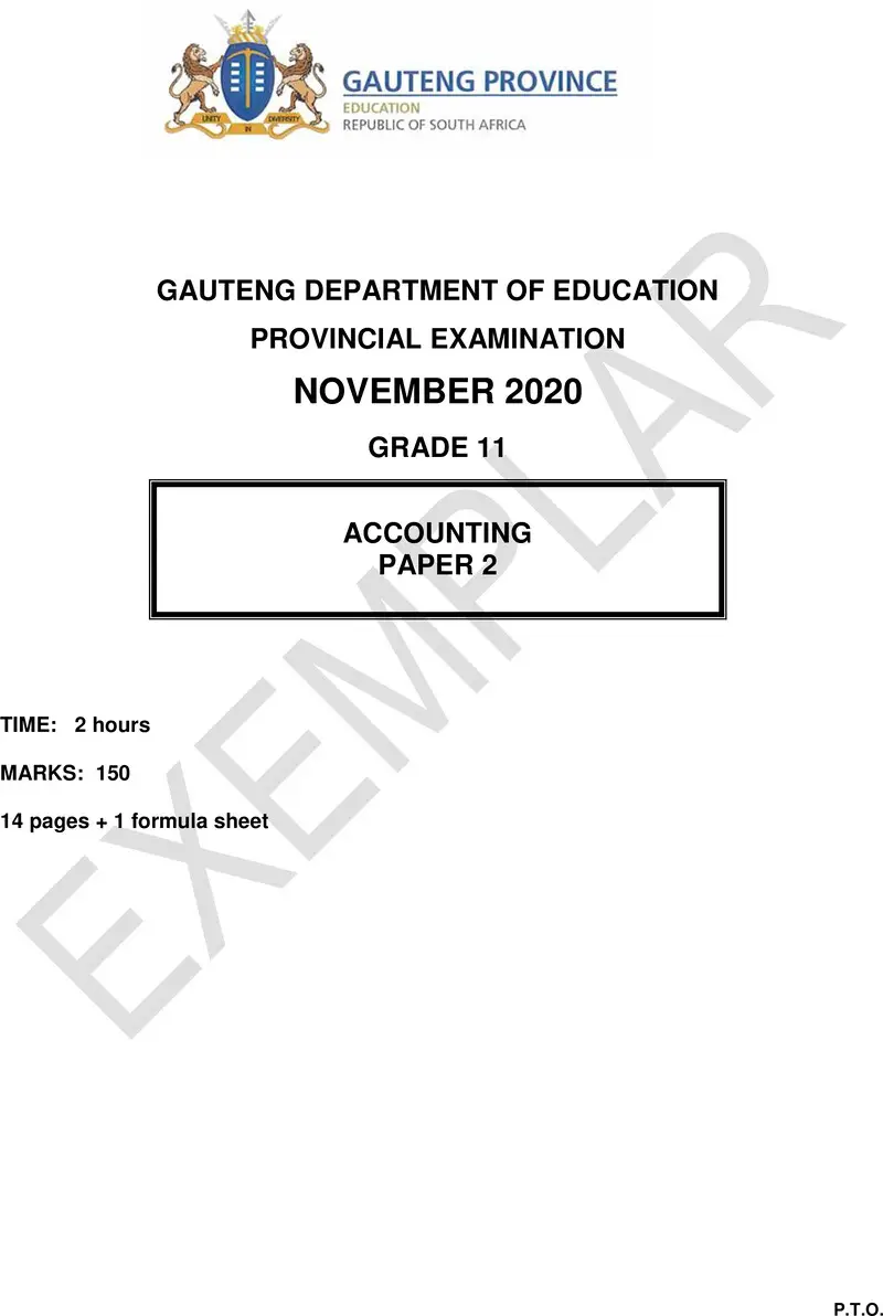 Grade 11 Provincial Exam Accounting P2 Ng 2020 Exemplars QP