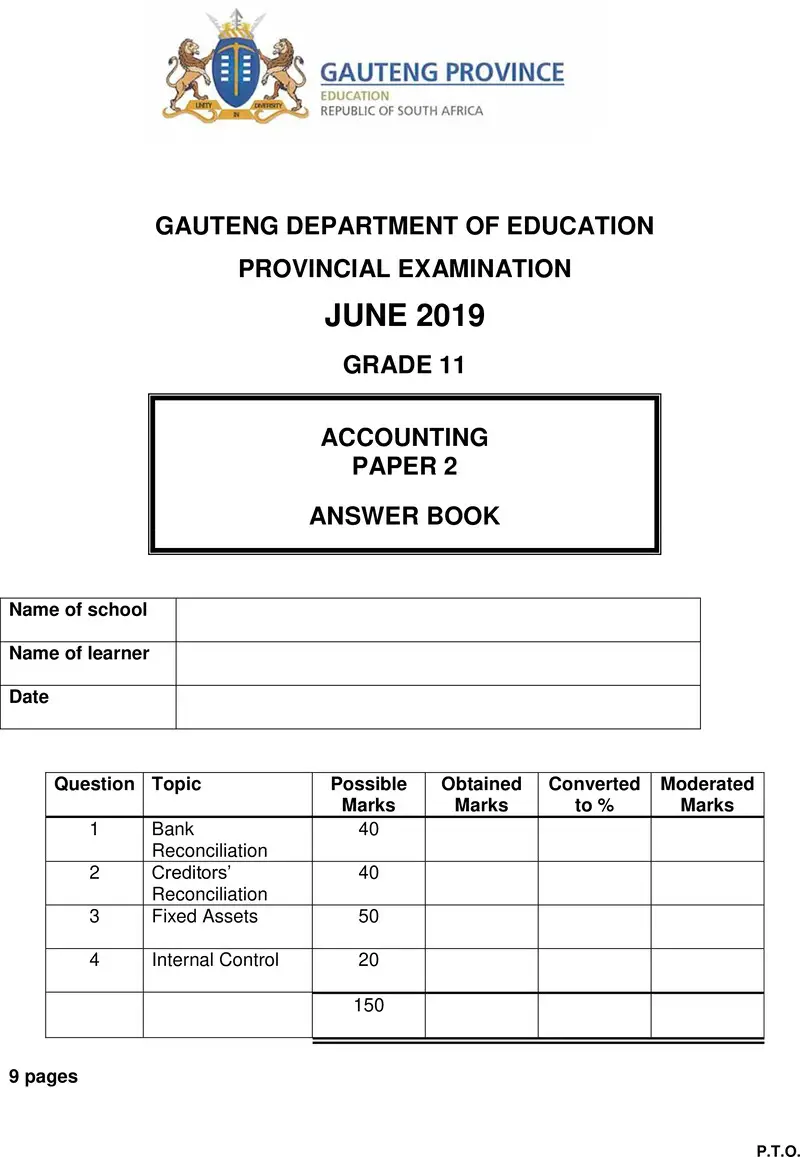 Grade 11 Provincial Exam Accounting P2 Ng June 2019 Answer Book