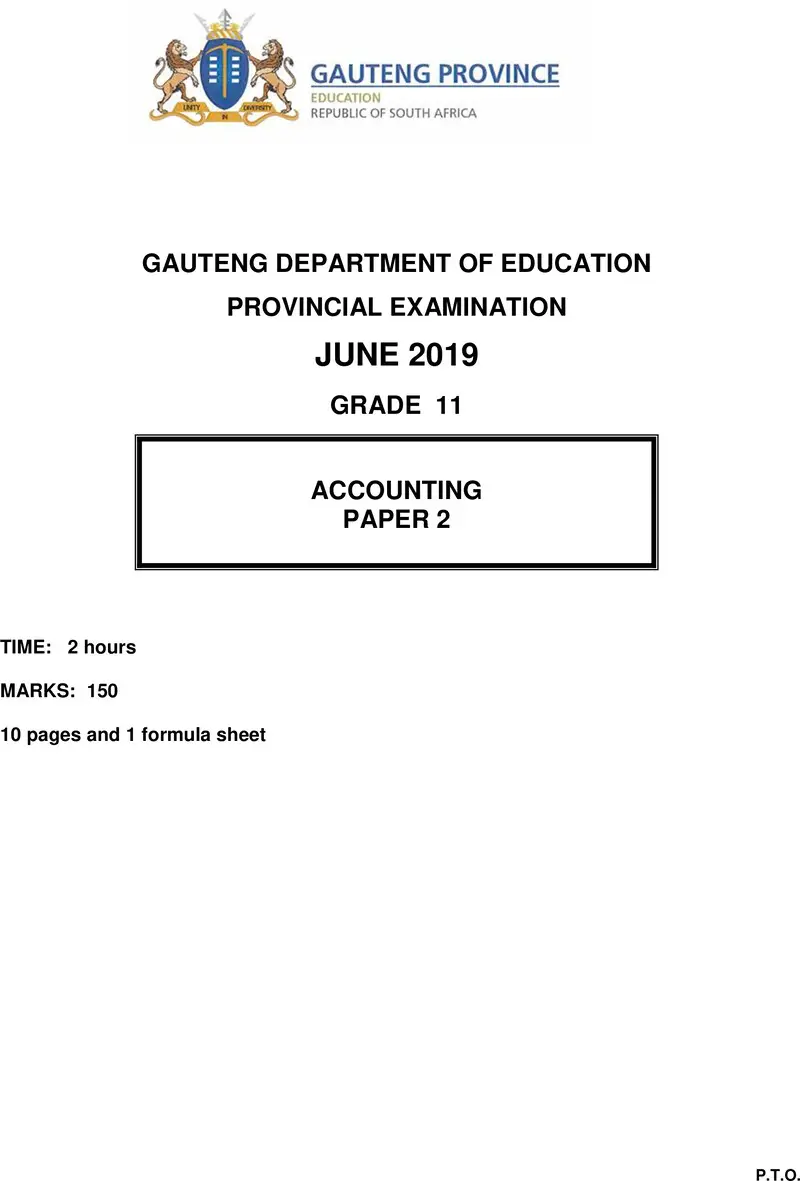 Grade 11 Provincial Exam Accounting P2 Ng June 2019 QP