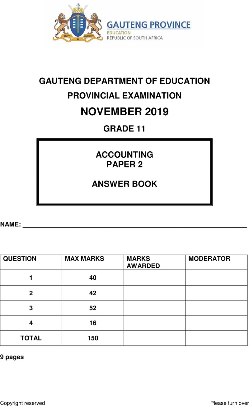 Grade 11 Provincial Exam Accounting P2 Ng November 2019 Answer Book