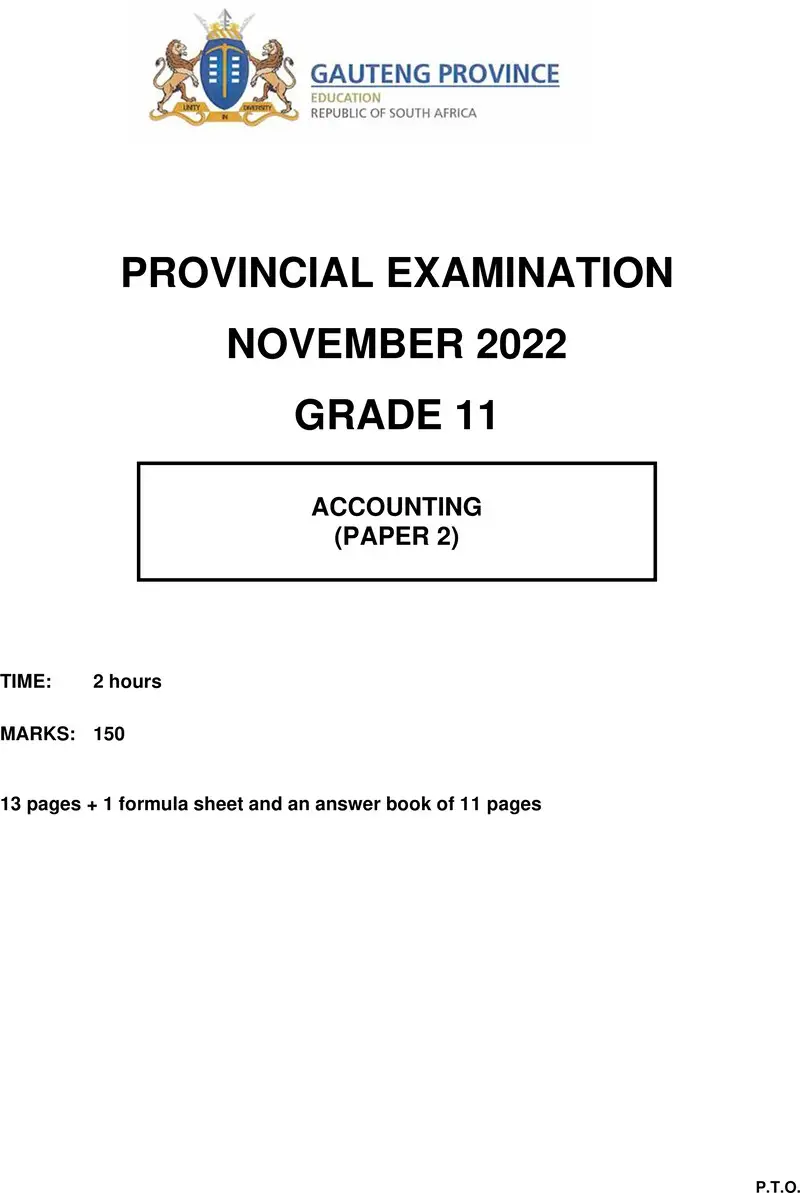 Grade 11 Accounting past paper 2022 – grade 11 provincial exam accounting p2 ng november 2022 qp