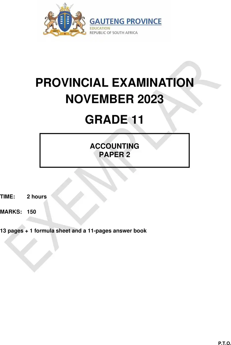 Grade 11 Accounting past paper 2023 – grade 11 provincial exam accounting p2 ng november 2023 qp