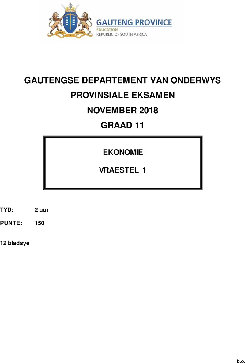 Grade 11 Provincial Exam Economics P1 Afr November 2018 QP
