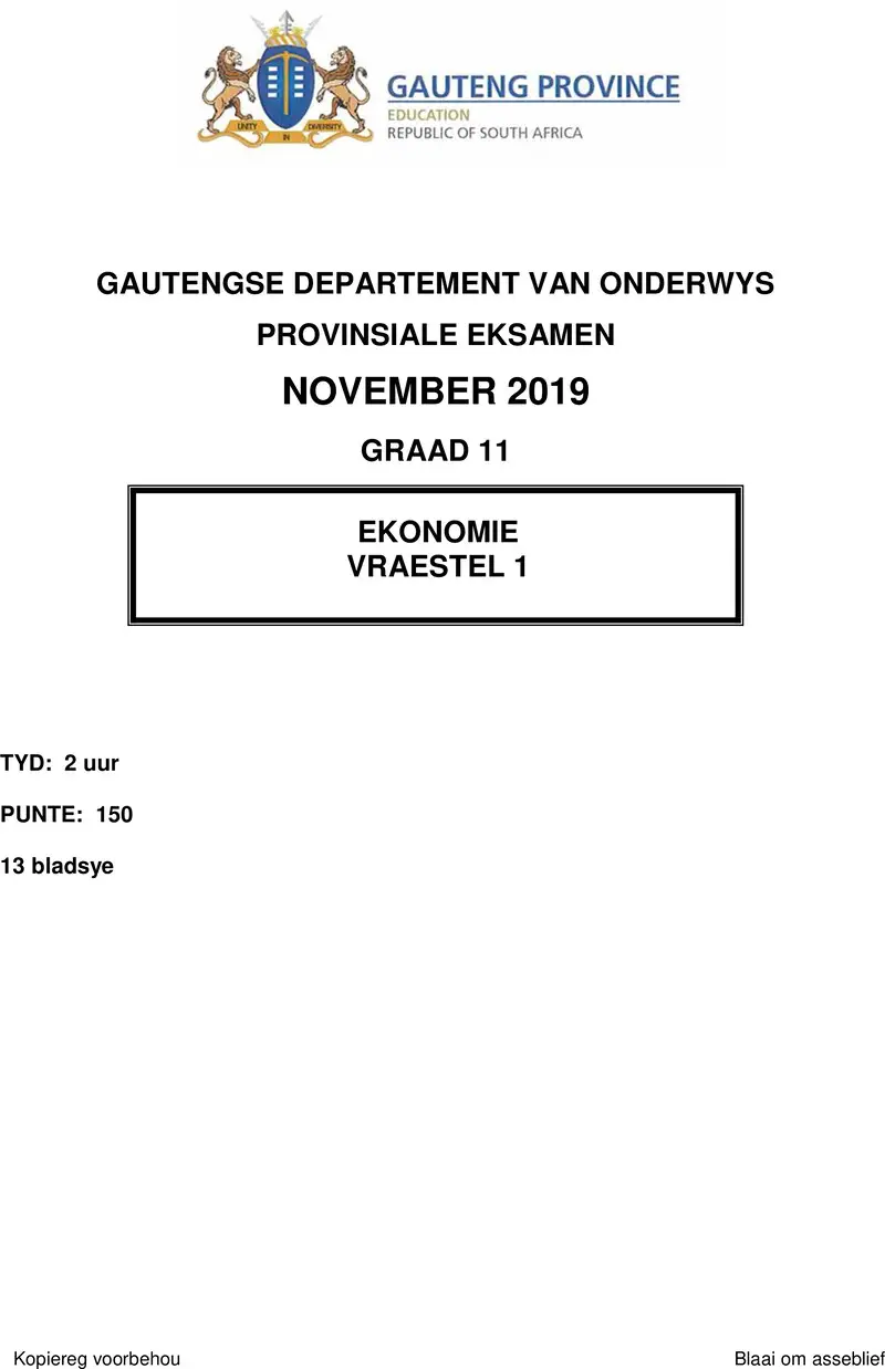 Grade 11 Provincial Exam Economics P1 Afr November 2019 QP