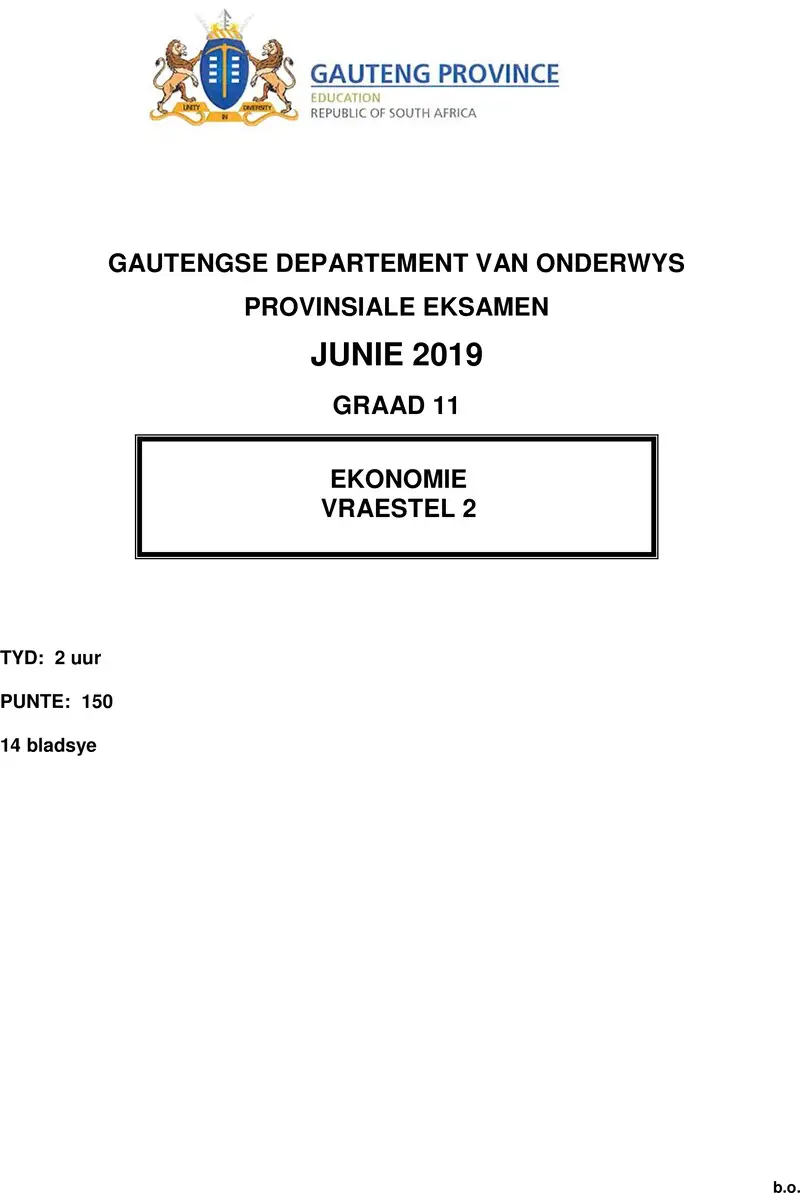 Grade 11 Provincial Exam Economics P2 Afr June 2019 QP