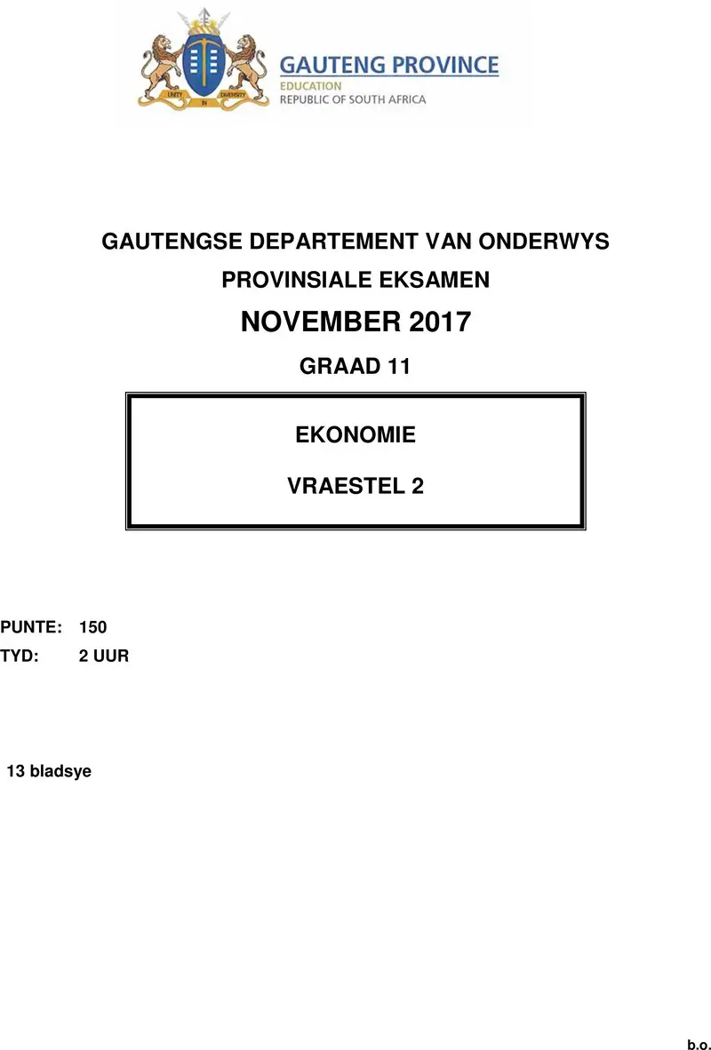 Grade 11 Provincial Exam Economics P2 Afr November 2017 QP